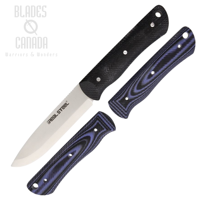 Real Steel Bushcraft Fixed Blade Knife, D2, G10 Black/Blue, Kydex Sheath, 3715